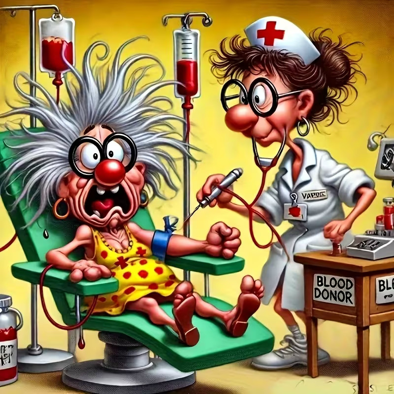 Cartoon woman in a clinic chair with a nurse during a blood donation scene