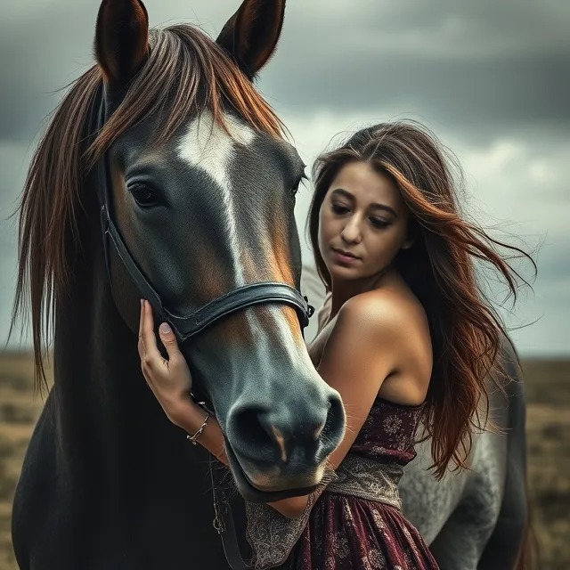 Woman with long brown hair standing close to a white horse outdoors under dramatic cloudy sky
