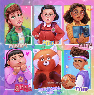 Grid of six cartoon character portraits: Mirabel, Abby, Priya, Tyler, and Brendan the red panda with bright backgrounds