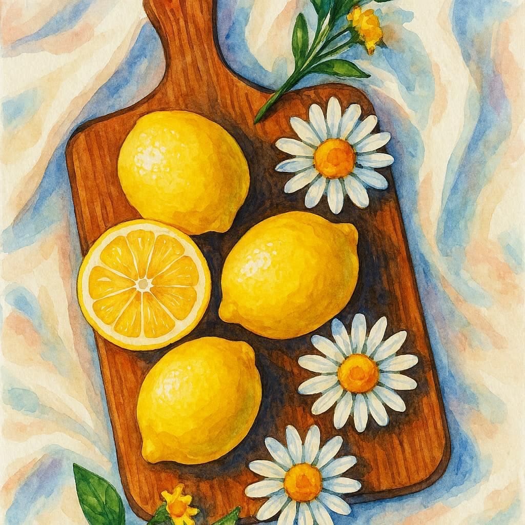 Watercolor painting of yellow lemons and white daisy flowers on a wooden cutting board