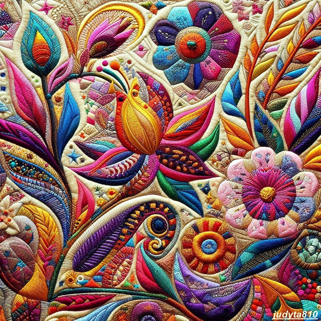 Colorful textile patchwork with embroidered flowers, paisley patterns, and decorative stitching in vibrant hues