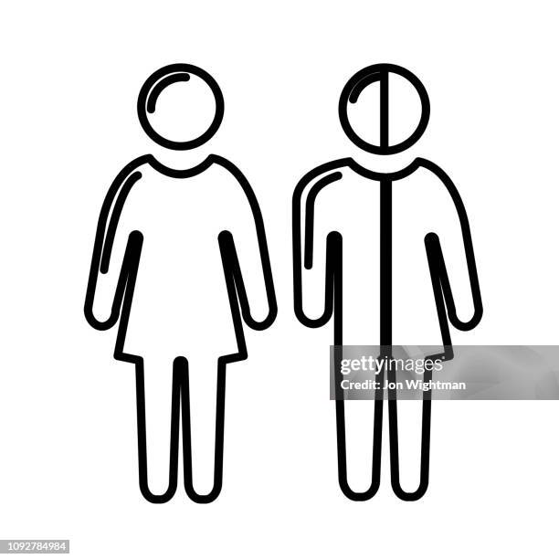 Black outline icons of a woman and a man on a white background