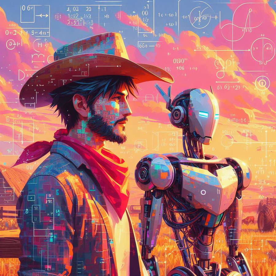 Illustration of a cowboy and humanoid robot facing each other at sunset with math formulas in the sky