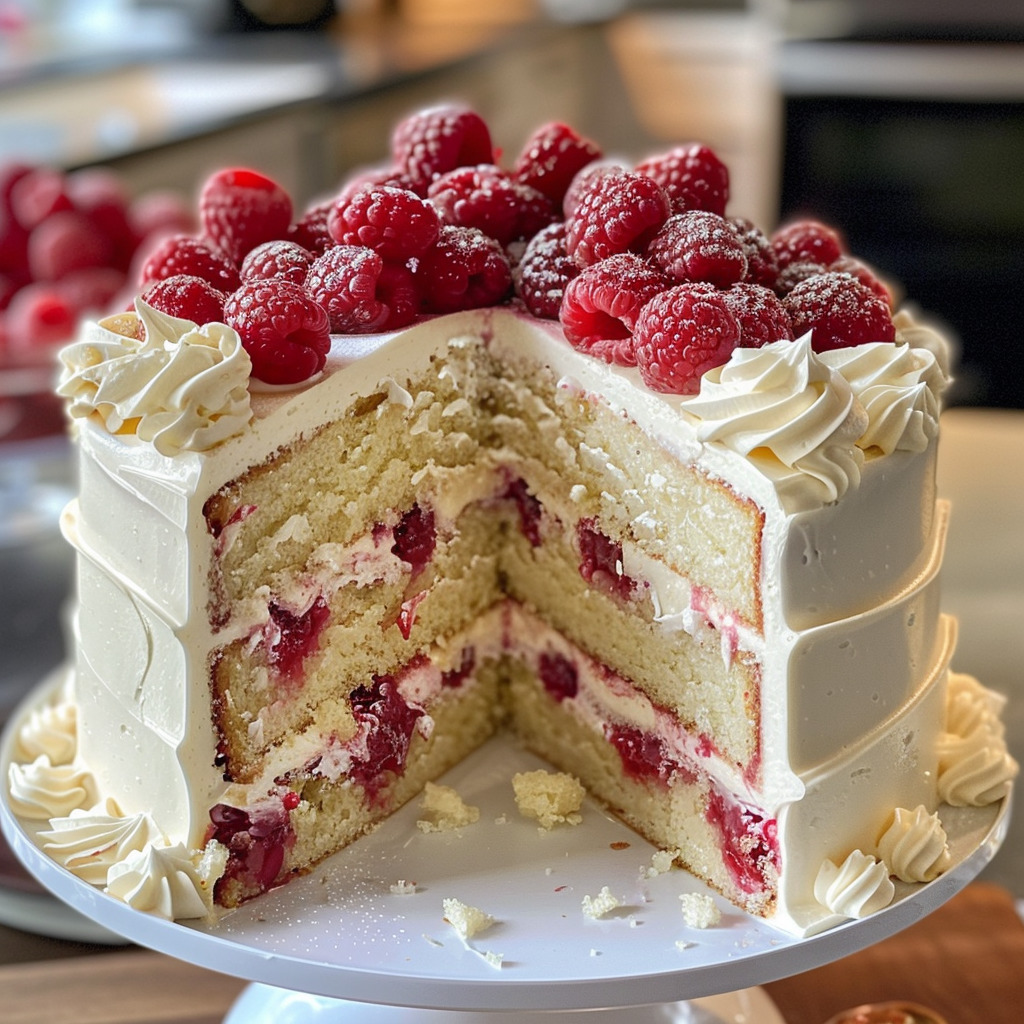 Multi-layer white cake topped with fresh raspberries and white chocolate buttercream rosettes, slice removed showing layers