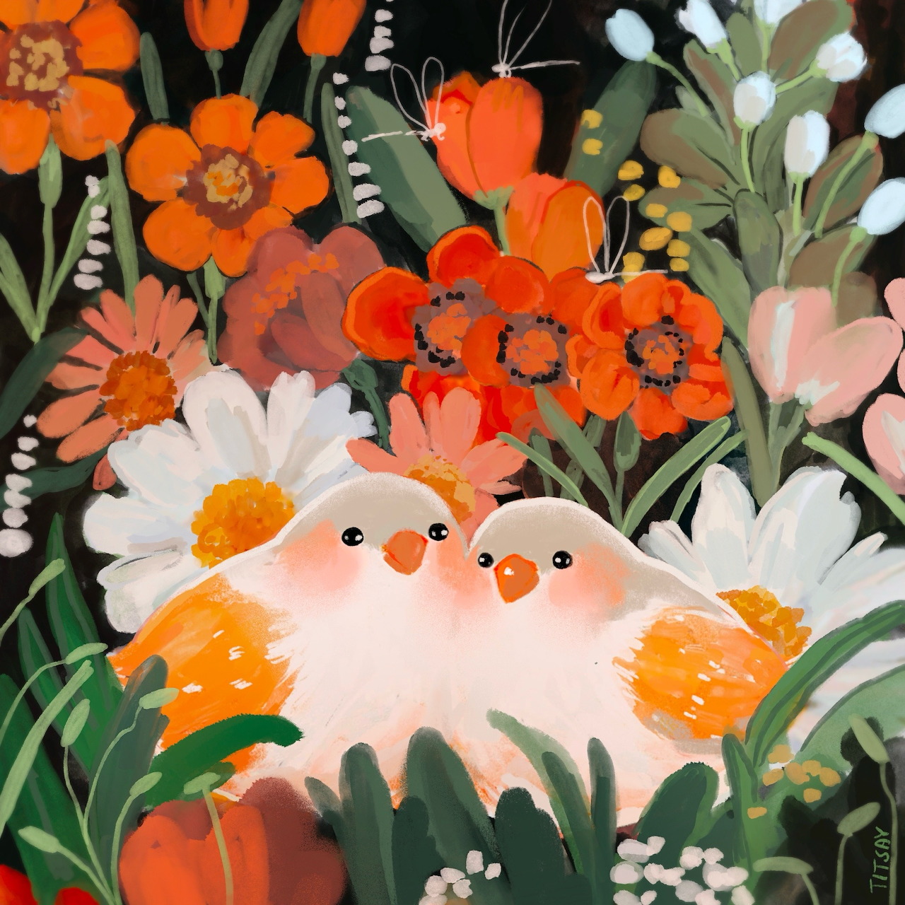 Two white and orange birds surrounded by colorful flowers and green leaves
