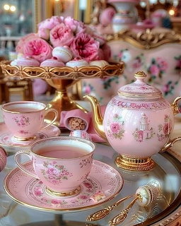 Pink floral teapot with matching cups, saucers, and fresh roses on gold tray