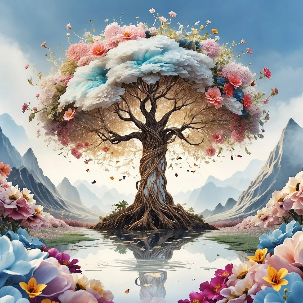 Surreal tree with pink, blue, and coral flower clouds reflected in calm water with mountains behind