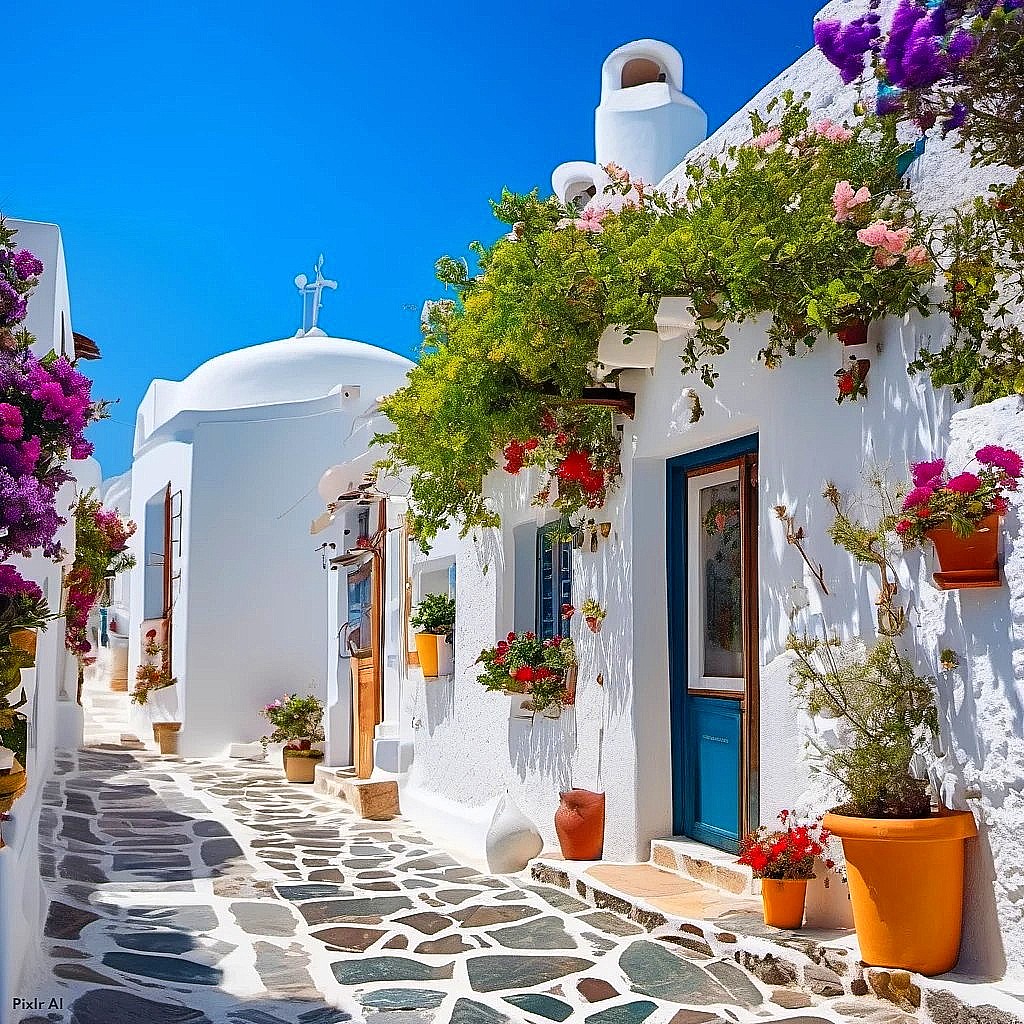 Traditional Greek island street with white buildings, blue door, vibrant flowers, and church dome