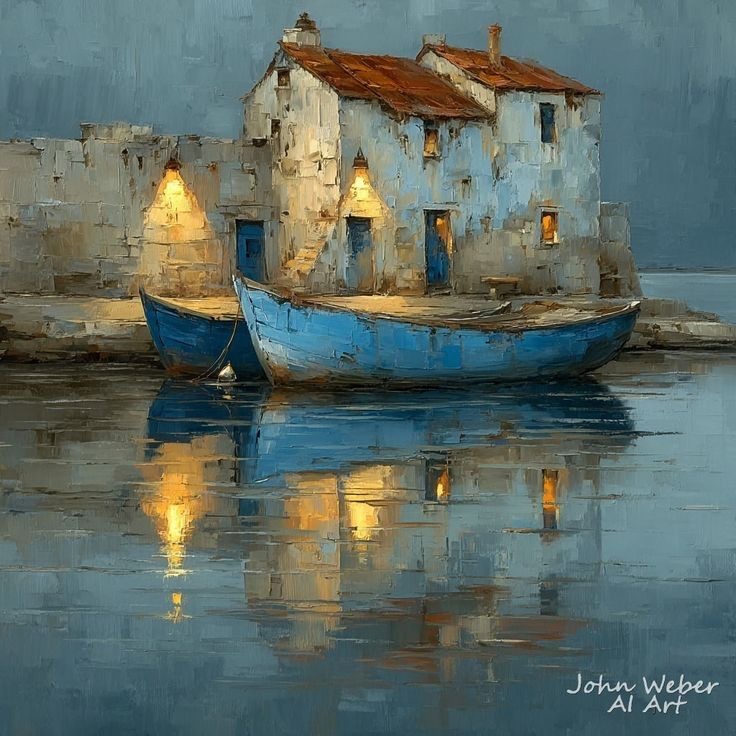 Painting of two blue boats beside a white house with glowing lights reflected in calm water