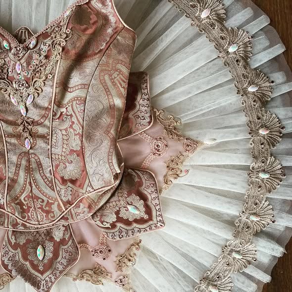 Close-up of an ornate ballet bodice and white pleated tutu with lace and embroidery