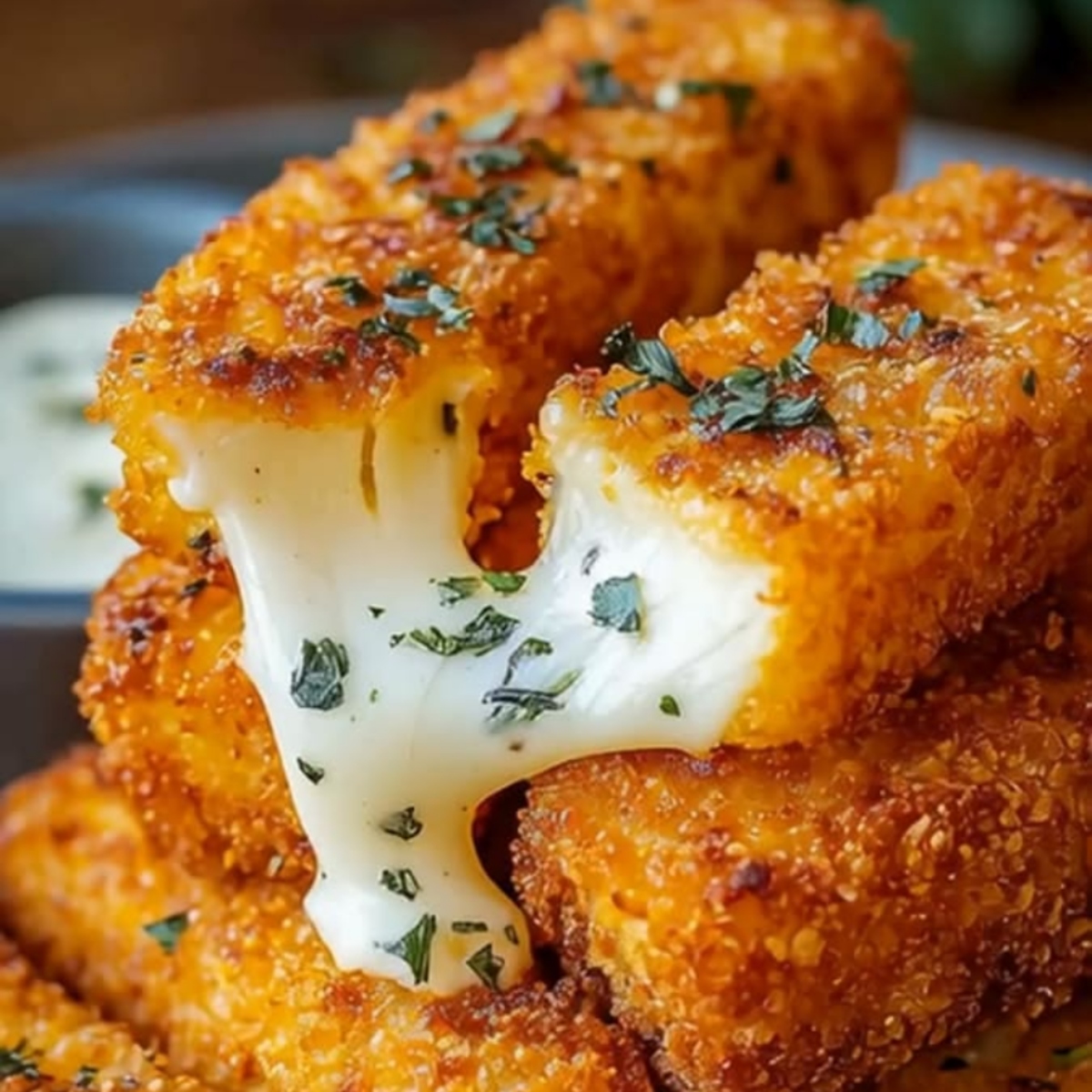 Close-up of crispy cheese sticks with gooey melted cheese pull and herb garnish