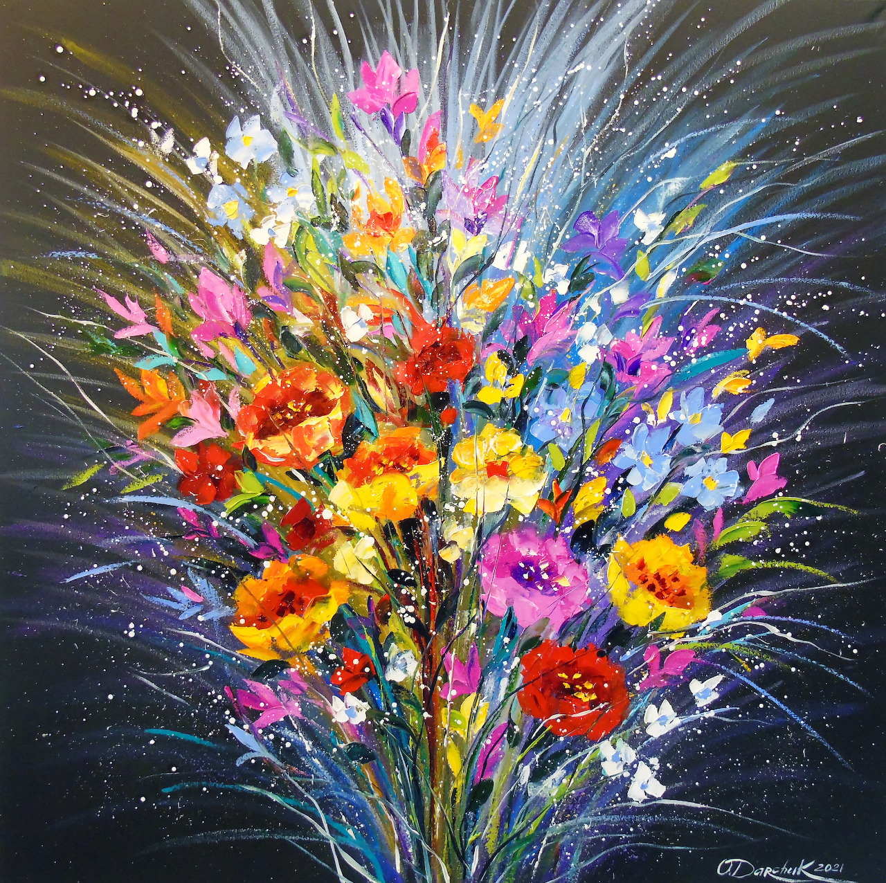 Impressionist painting of vibrant colorful flowers bursting with light against dark background