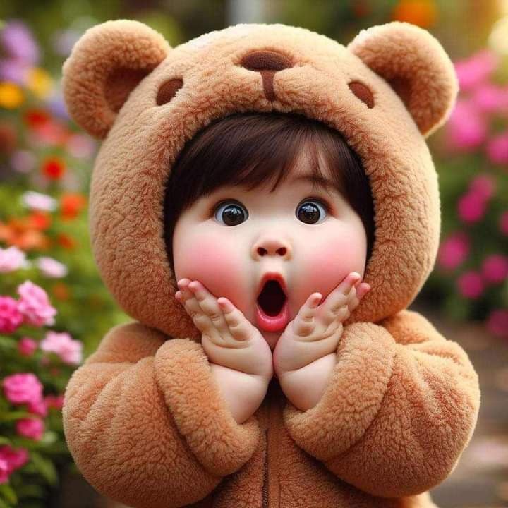 Cute baby in a teddy bear costume with surprised expression and hands on cheeks