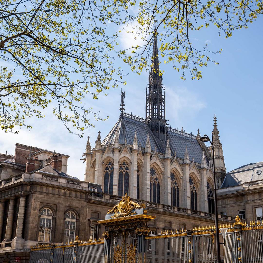 Sainte-Chapelle in Paris with Gothic spire, historic buildings, and tree branches overhead