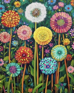Colorful painted flowers and dandelions on dark green foliage background