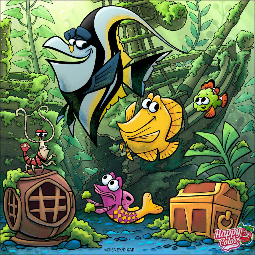 Cartoon tropical fish swimming in colorful underwater scene with coral and plants