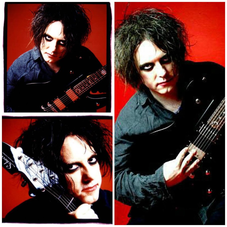 Three-panel collage of Robert Smith holding a guitar against a red background