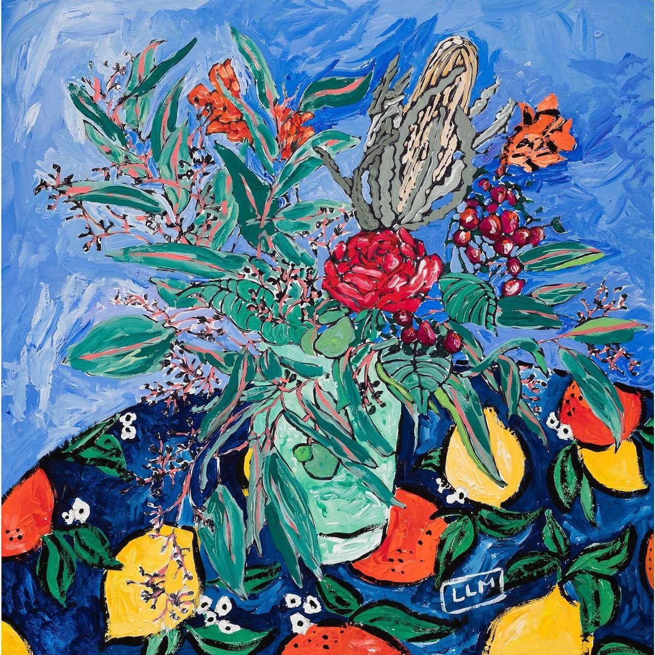 Colorful painting of Australian native flower bouquet with banksia, eucalyptus, red blooms and citrus on blue background