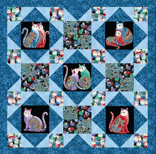 Colorful patchwork quilt pattern with illustrated cats in blue geometric blocks