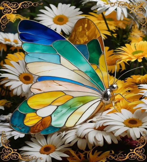 Stained glass butterfly with colorful wings on white and yellow daisy flowers with decorative border