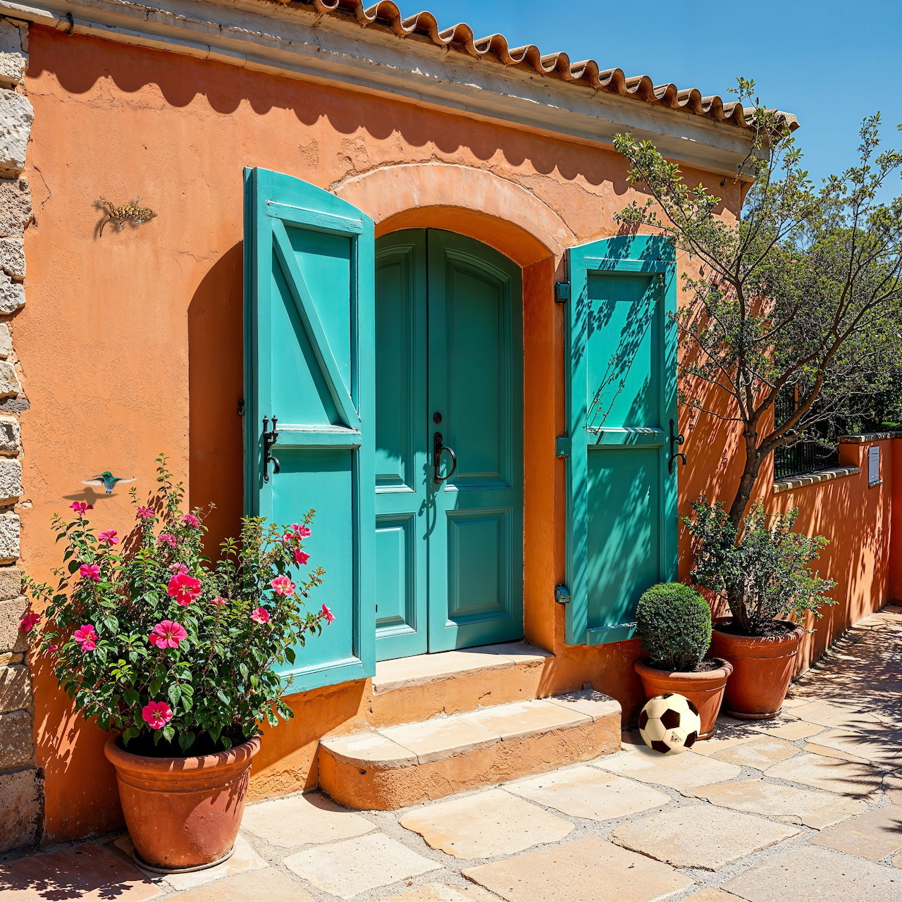 Turquoise double doors on an orange stucco house with potted flowers and plants