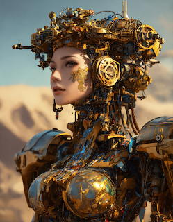 Portrait of a gold steampunk cyborg woman with intricate mechanical parts and a desert background
