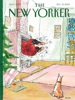 The New Yorker cover: Santa crashes through window as cat observes from indoor apartment setting