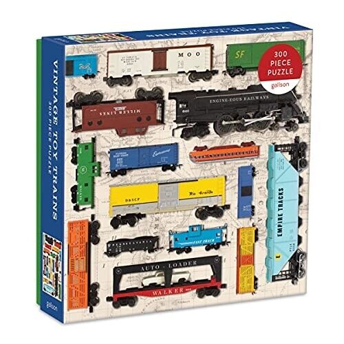 Square puzzle box with colorful vintage train cars illustrated on the front