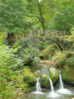 Wooden footbridge over mosy rocks with a small waterfall in a lush green forest