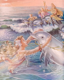 Fantasy illustration of mermaids with flowing hair riding dolphins through pastel-colored ocean waves