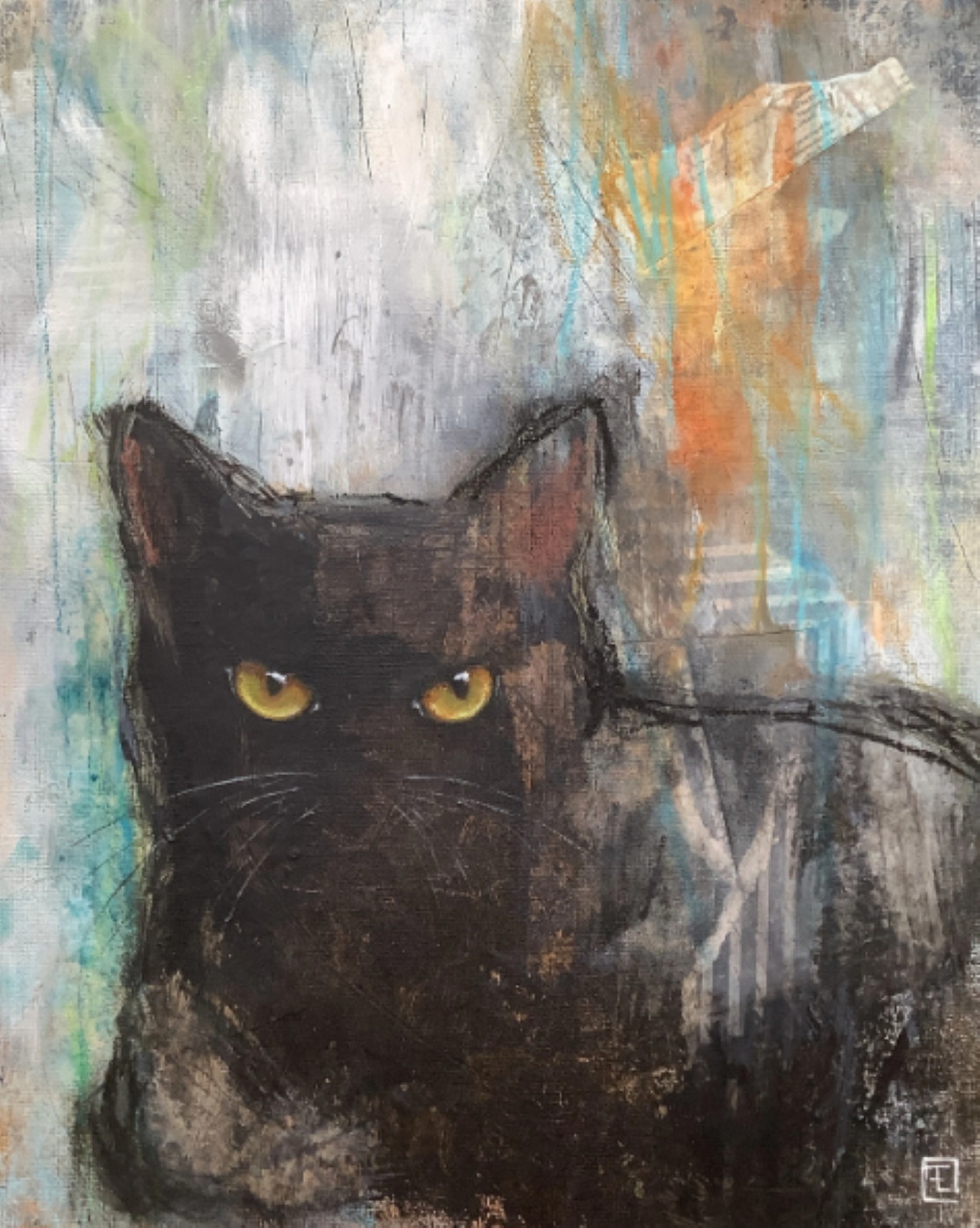 Abstract painting of a black cat with yellow eyes on textured gray and teal background