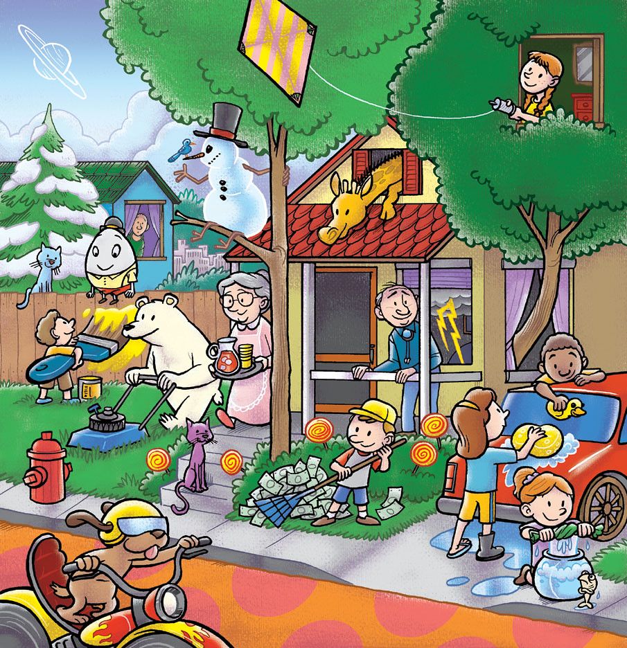 Colorful cartoon neighborhood with children, houses, trees, a snowman, car, and pets outdoors