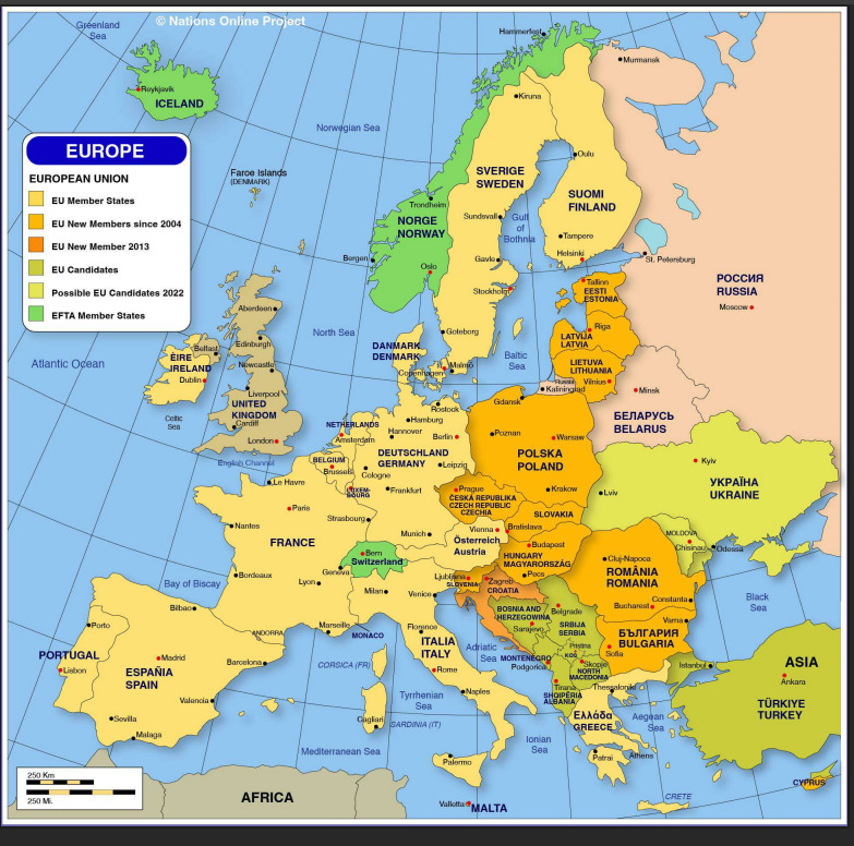 Color political map of Europe with labeled countries and surrounding seas