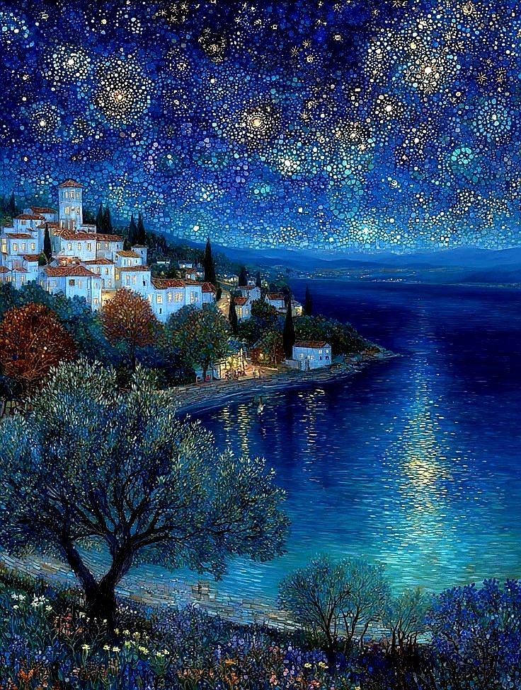 Stary Night Coastal Village