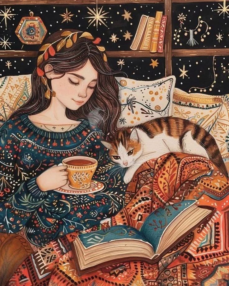 Woman in decorative dress reading book with cat and tea cup in cozy nighttime setting
