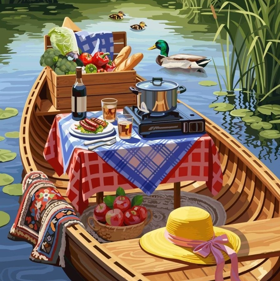 Illustrated picnic setup inside a wooden boat on a lake with ducks, food, and a yellow hat