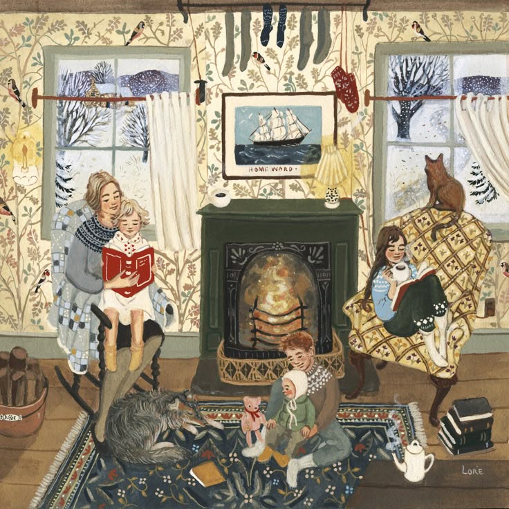 Folk art illustration of Victorian family in decorated parlor with fireplace, windows, and ornate patterns