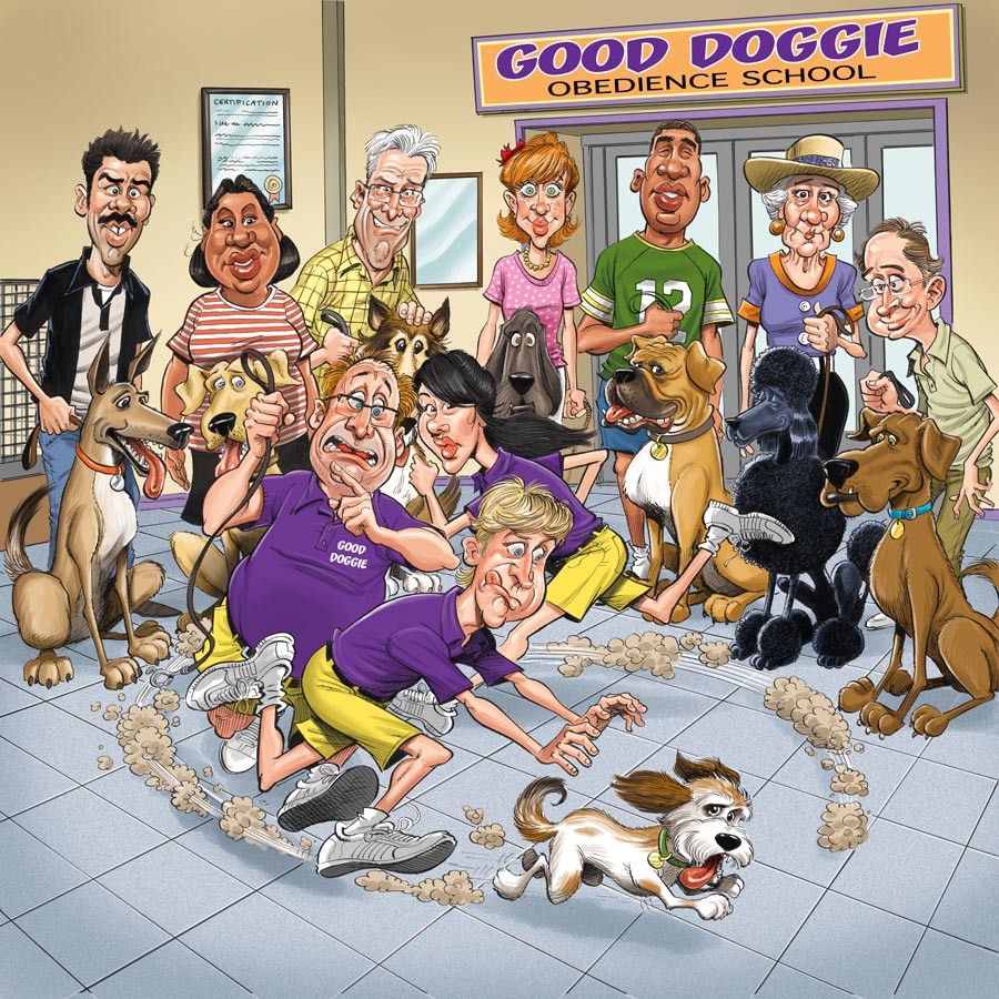 Cartoon showing group of people with various dogs at dog training school