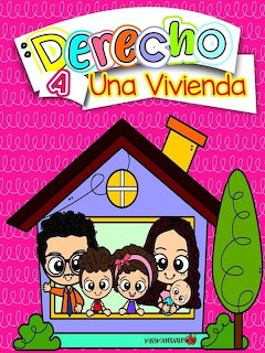 Cartoon illustration of a family with children in front of a colorful house with Spanish text about housing rights