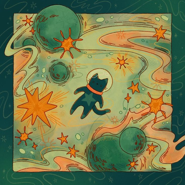 Black cat floating in stylized space with planets, stars, and swirling cosmic clouds in teal and orange