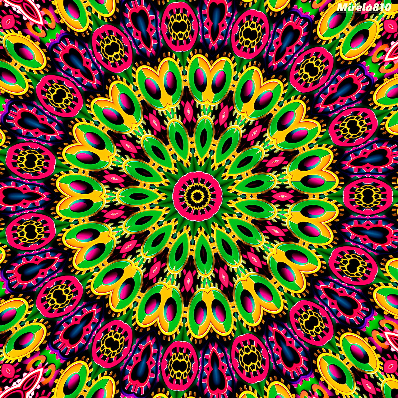 Colorful symmetrical mandala with neon green, pink, and yellow geometric patterns radiating from center