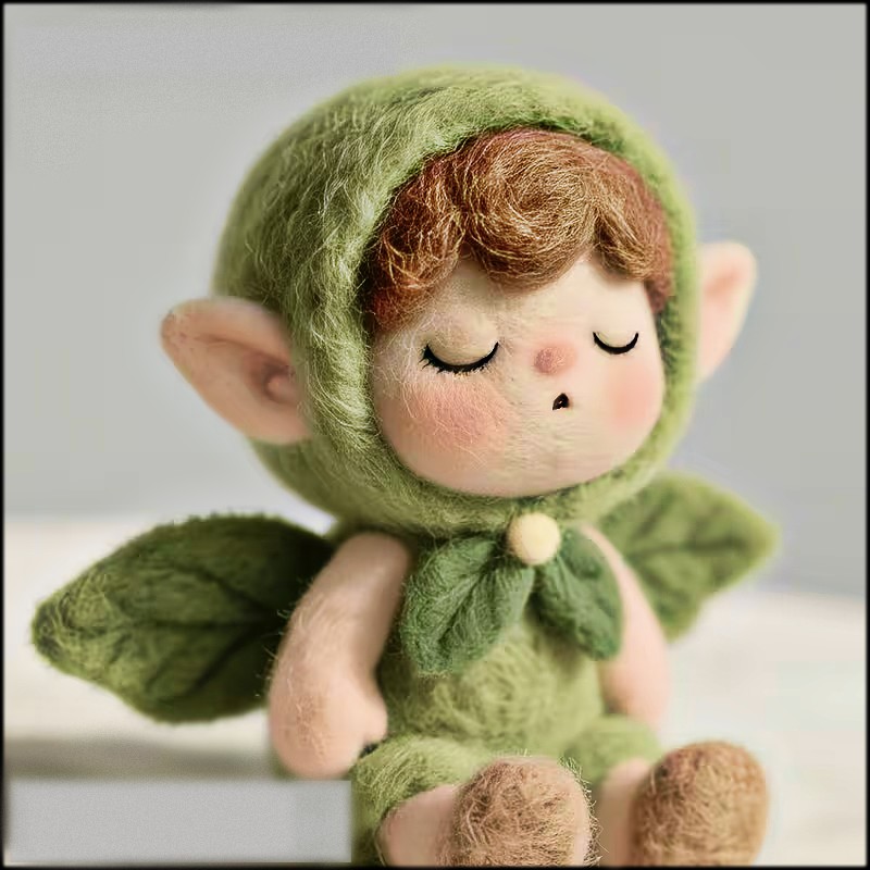 Handmade felt baby elf doll with leaf wings, green hood, and closed eyes