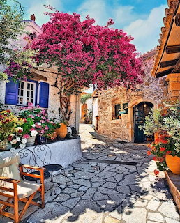 Picturesque stone street in Corfu Greece with pink bougainvillea tree and blue shuttered buildings