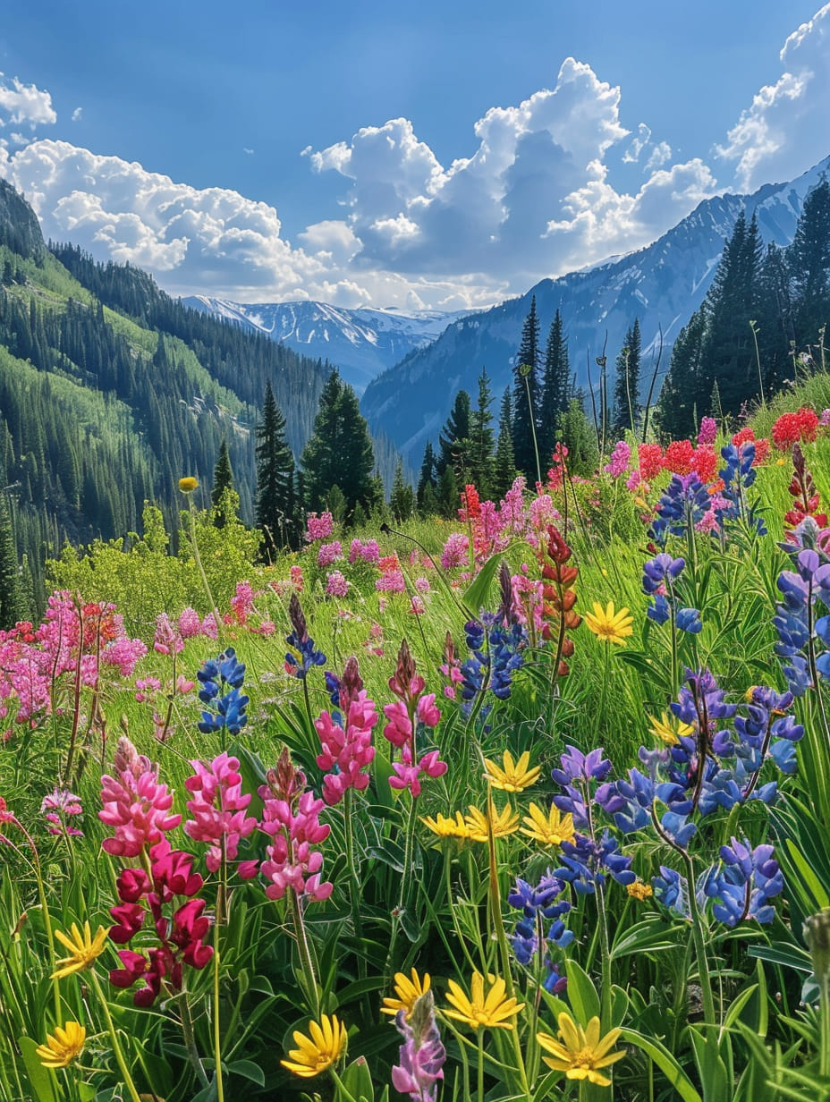 Colorful wildflower meadow with purple, pink, red, and yellow blooms against forested mountain peaks and blue sky
