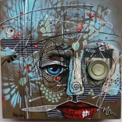 Abstract mixed media artwork depicting a colorful stylized face with geometric patterns and decorative elements