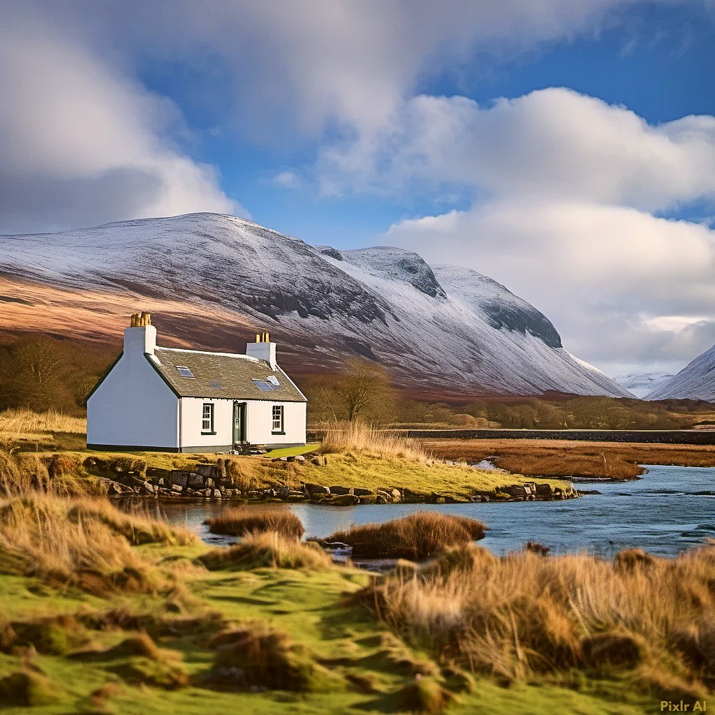 White cottage by stream with snowy mountain peaks and cloudy sky in Scottish Highland landscape