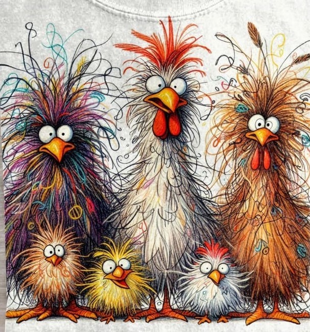 Six whimsical cartoon chickens with exaggerated fluffy feathers in bright colors standing in a row