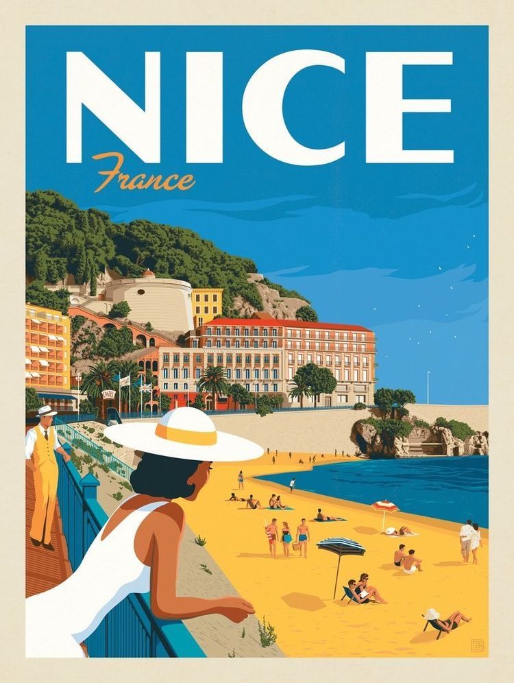 Art Deco travel poster of Nice, France with beach, Mediterranean buildings and woman in white hat