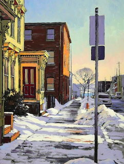 Painting of a snow-covered city street with Victorian buildings and a lamppost on a quiet winter day
