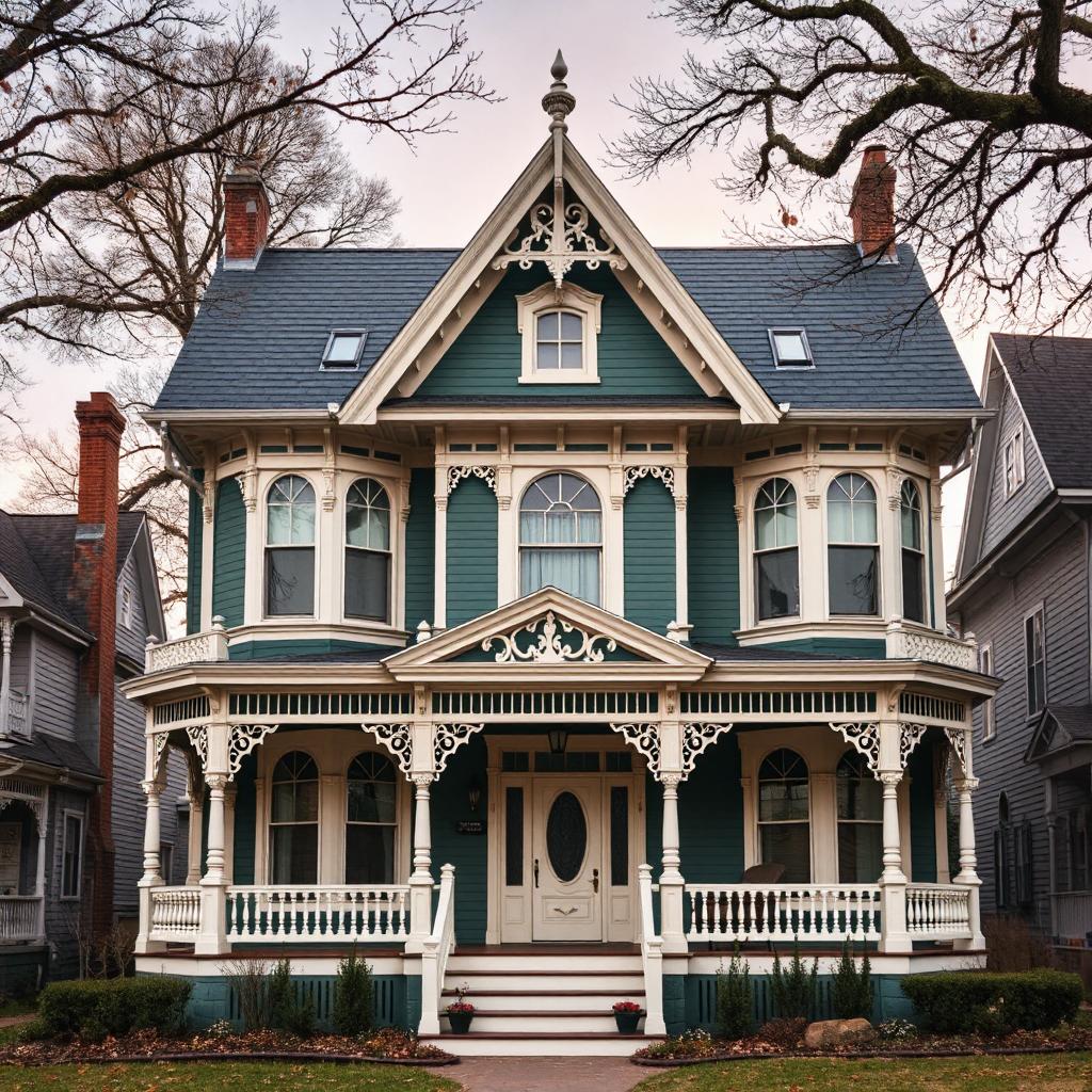 Teal Victorian house with white trim, wraparound porch, and ornate gables under bare trees